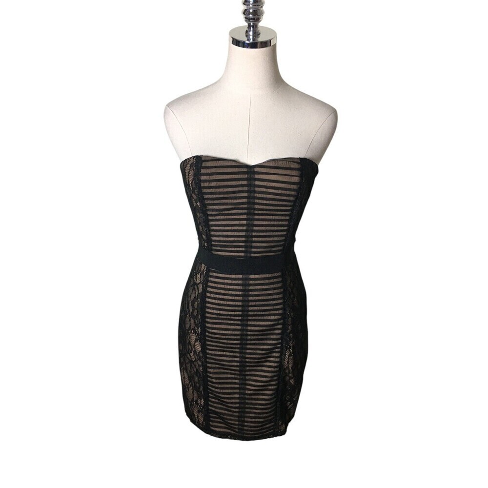 BCBG Maxazria Dress Women's Size 4 Black Beige Lace Off The Shoulder